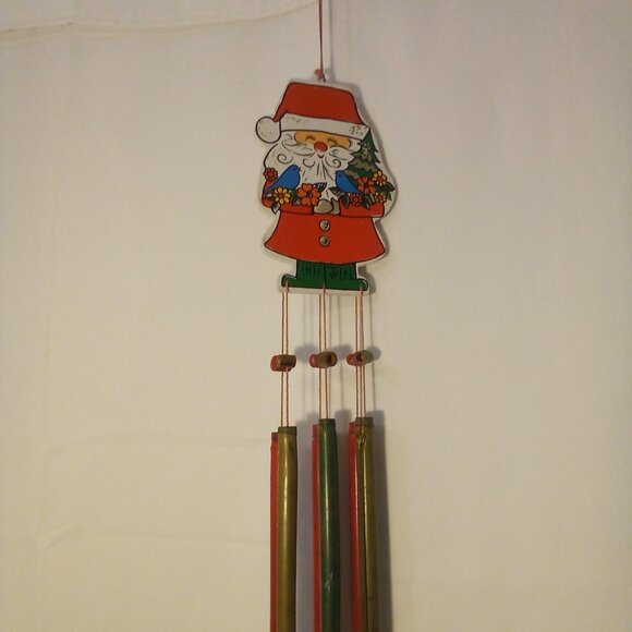 Vintage Wind Chime Christmas Santa Claus Wood Red Green - Picture 8 of 13